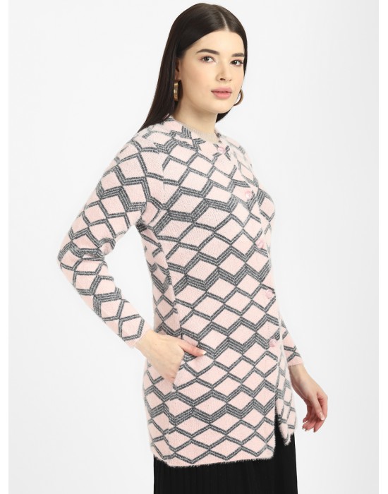 Women Long coat pink Front Design with button